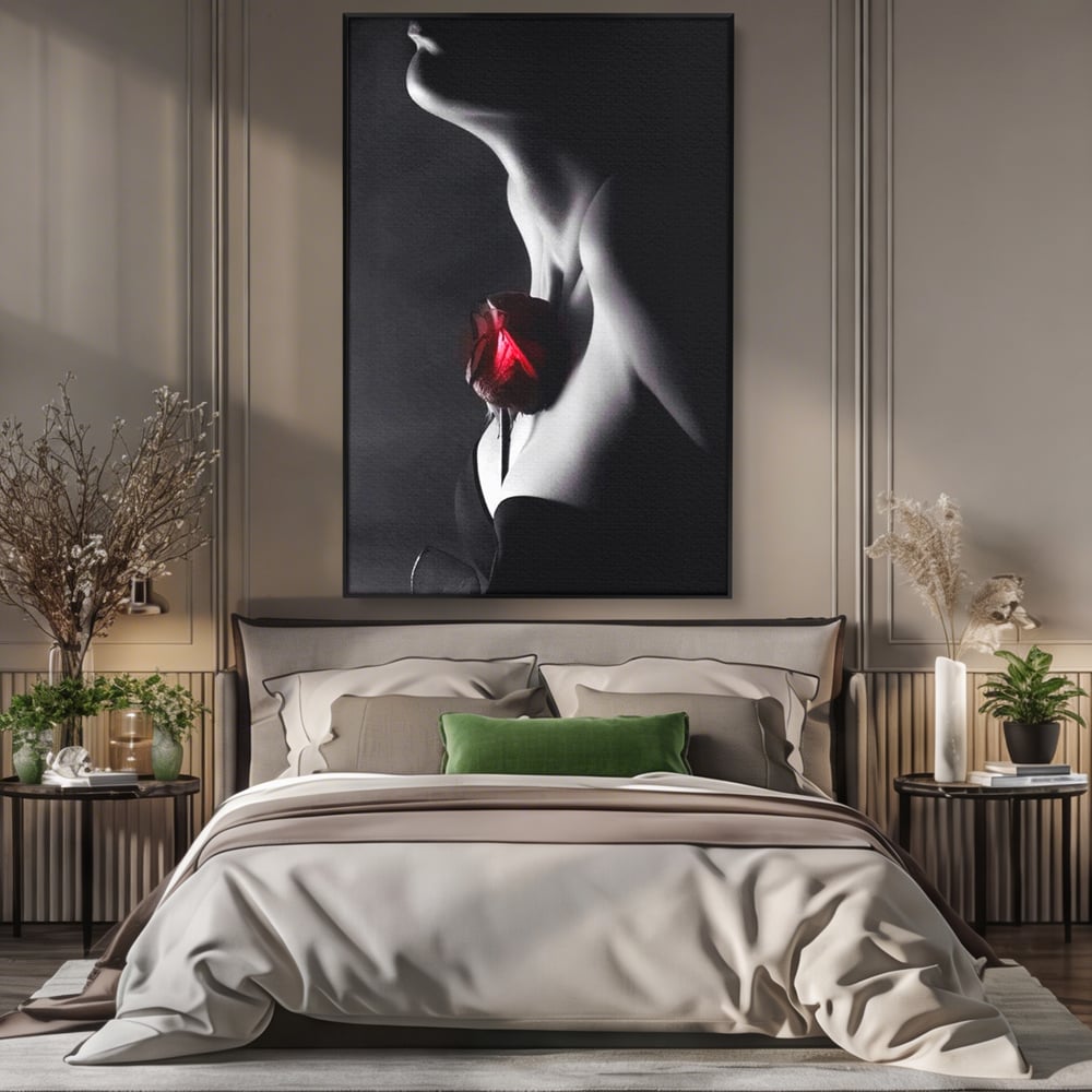 Tablou canvas cu tablou canvas cu profil de femeie si trandafir rosu, in rama de aluminiu negru, pe perete intr-un dormitor